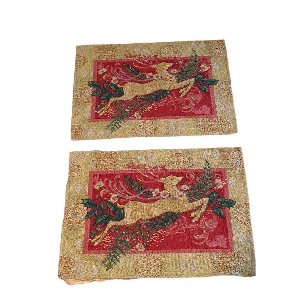 Christmas Holiday Tapestry Placemats Set of 2 Reindeer & Holly 13”x 18” Gold Red